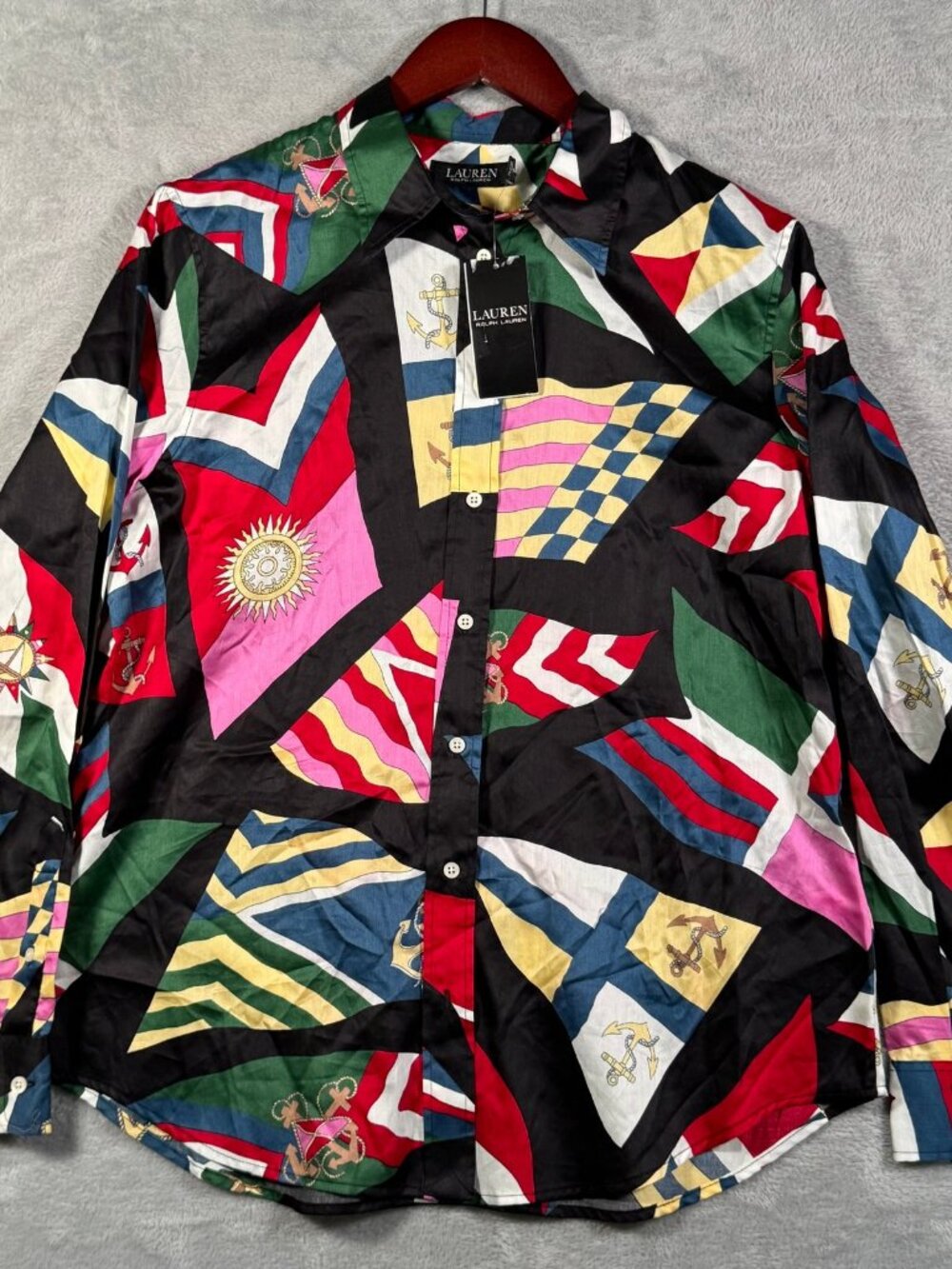 Lauren Ralph Lauren Shirt Womens L Black Cotton Sateen Nautical Flag Yacht $125